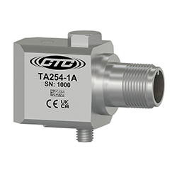 A stainless steel, standard size, side exit TA254 dual output vibration monitoring sensor engraved with the CTC Line logo, part number, serial number, and CE and UKCA certification markings.